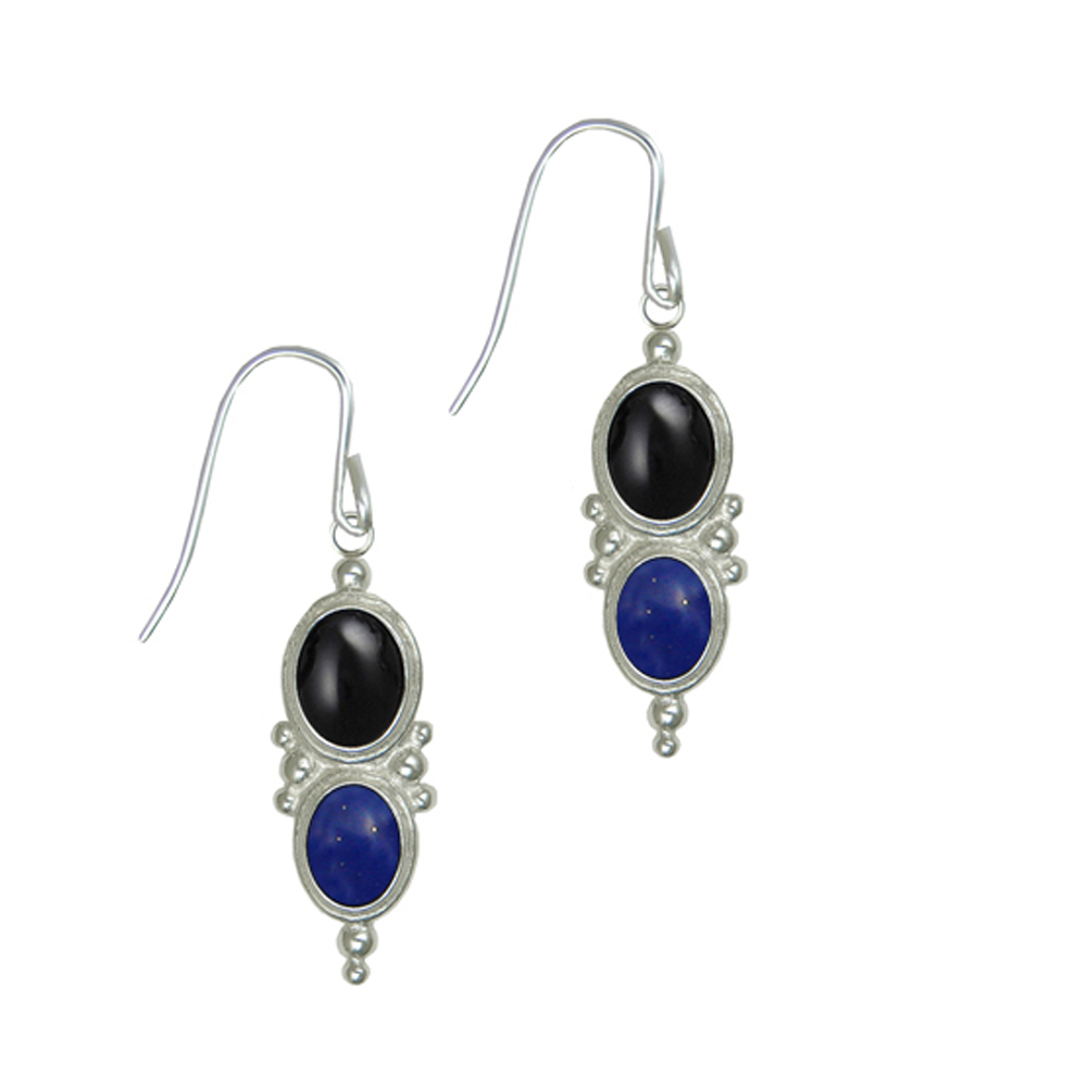 Sterling Silver Black Onyx And Lapis Lazuli Gemstone Drop Dangle Earrings